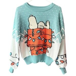 Peanuts Snoopy Christmas Sweater Teal White Doghouse Holiday Lights Mens Medium